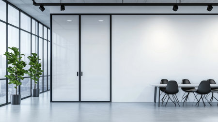 Minimalist white wall with a black framed glass door leading to a modern meeting room, symbolizing sleek office architecture and corporate environmentsの素材