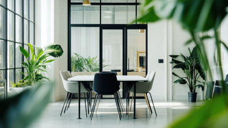 Clean white wall with a stylish black-framed glass door, giving access to a professional meeting room, ideal for corporate or office design visualsの素材