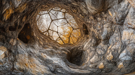 Underground view of a mycelium network connecting the roots of trees, representing nature hidden systems in the forest ecosystemの素材