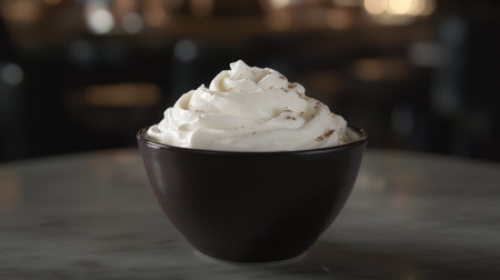 A bowl of whipped cream sits elegantly on a smooth surface, capturing its soft texture and creamy perfection, ready to be savored.の素材