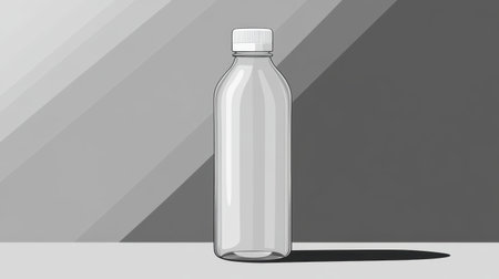 Vector design of a clear glass bottle with a white cap on a simple grey background, emphasizing its sleek shape for brandingの素材