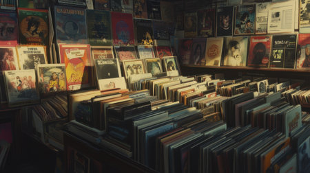 A nostalgic record store scene with vintage posters and a wide selection of vinyl records, perfect for music enthusiasts.の素材