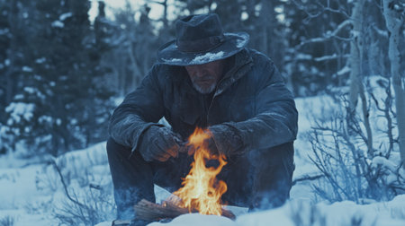 A man in the deep wilderness, igniting a fire for warmth and survival, capturing the essence of outdoor lifeの素材