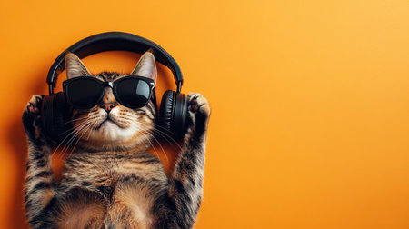 A cat in sunglasses and headphones, basking in musical bliss on a lively orange background, exuding coolnessの素材