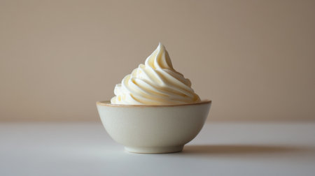 A bowl of delicate whipped cream rests on a pristine surface, highlighting its creamy consistency and soft texture.の素材