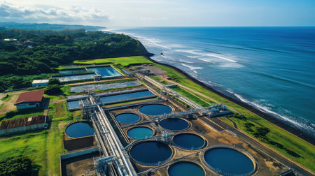 Aerial view of a coastal desalination plant with pipelines extending into the sea, emphasizing the importance of freshwater technologyの素材