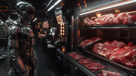 Cyberpunk automaton in a futuristic butcher shop, neon lights illuminating raw meats, metallic limbs, and dark atmosphere.の素材