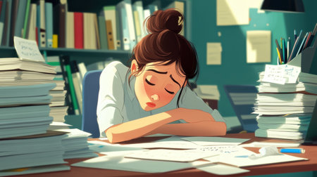 Cartoon of a woman exhausted at her desk, surrounded by work files and a cluttered screen, slumping over in fatigue.の素材