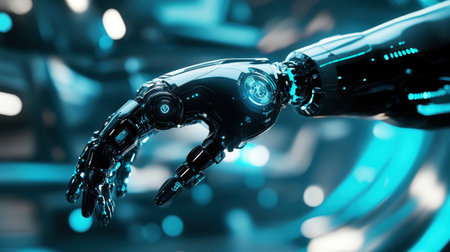 High-tech robotic arm demonstrating precision and advanced functionality in a cutting-edge engineering setting.の素材