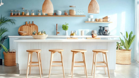 Coastal-inspired kitchen with light wooden bar stools, white countertops, and sea-blue decor, evoking a relaxed beachside vibeの素材