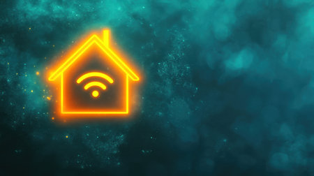 Modern glowing digital house with an orange frame against a blue-green tech-themed background, Wi-Fi signals glowing around it.の素材
