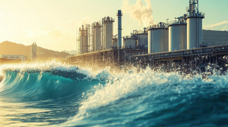 Ocean waves crashing near a modern desalination plant, illustrating the essential process of converting seawater to drinkable waterの素材