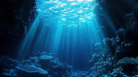 Sapphire blue hues blend with deep ocean textures, creating an image of aquatic splendor and elegance. A breathtaking play of light and depth.の素材