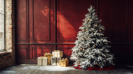 A beautifully decorated Christmas tree, lightly sprayed with snow, stands proudly next to shimmering present boxes in silver and gold, set against a dark red wall.の素材