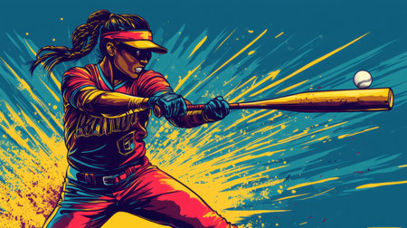 Softball player in clipart, hitting a home run with full force, bat striking the ball, illustrating the thrill of the game.の素材