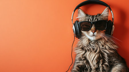 Stylish cat with shades and headphones, relaxing to beats on a bright orange background, looking effortlessly coolの素材
