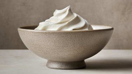 Whipped cream in a ceramic bowl, set against a smooth surface, showcasing its light and airy texture, perfect for culinary creations.の素材