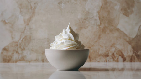 Whipped cream in a ceramic bowl, set against a smooth surface, showcasing its light and airy texture, perfect for culinary creations.の素材