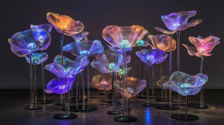 A captivating avant-garde sculpture of holographic flowers, dynamically shifting in color, enhanced by glowing bioluminescent highlights, creating a magical atmosphere.の素材