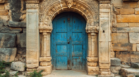 A beautifully weathered blue door stands proudly in a historic stone structure, showcasing the intricate details of its archway and the rich history it represents.の素材