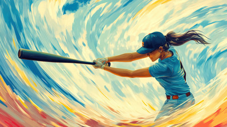 The exhilarating moment of a player hitting a home run in a softball clipart, bat swinging with intense motion and focus.の素材