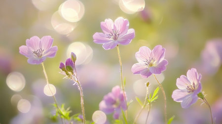 A charming scene of summer flowers against a bokeh background, where pastel colors and gentle sparkles create a magical, ethereal effect reminiscent of warm, sunny days.の素材