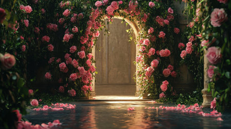 A dreamy fantasy portal framed with vibrant pink flowers, perfect for a magical wedding ceremony, set in a whimsical, enchanting hallの素材