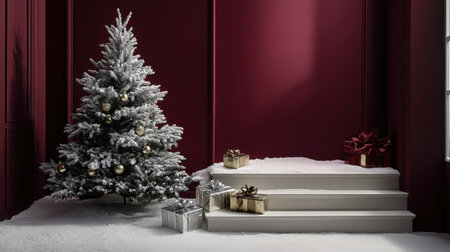 A festive holiday backdrop featuring a snow-covered Christmas tree next to elegant silver and gold gift boxes, complemented by a dark red wall for a sophisticated touch.の素材
