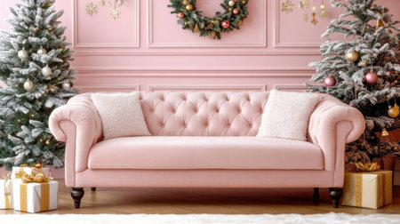 A delightful Christmas ambiance with a pink sofa, beautifully wrapped gifts, and a stunning tree, highlighted by glittering accents on the pink wall.の素材