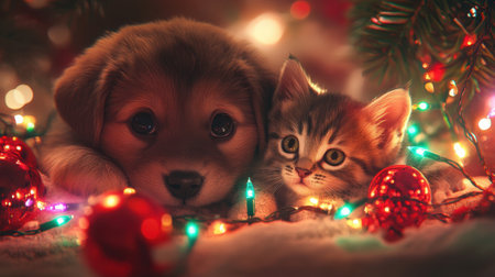 A delightful Christmas illustration featuring a playful puppy and kitten tangled in colorful holiday lights, set against a soft background with ample copy space for festive messages.の素材