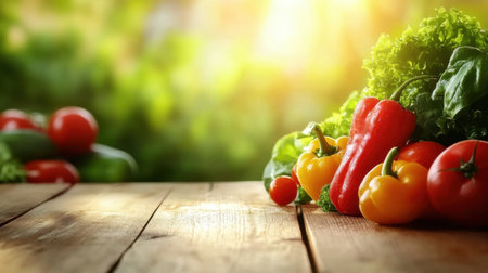 A natural and colorful display of fresh vegetables in silhouette, vibrant and dynamic, placed neatly on a wooden table with copy spaceの素材