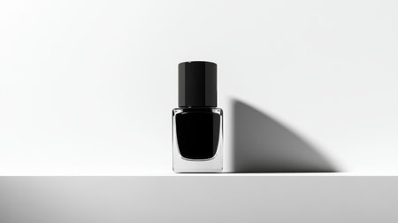 A stylish nail polish bottle with a transparent cap, set against a sleek white background, focus on minimalism and eleganceの素材