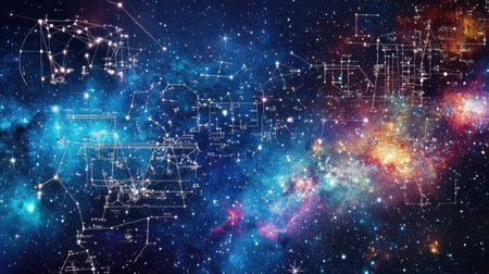 Against a starry backdrop, mathematical and physical formulas glow brightly, representing the connection between the cosmos and the quest for knowledge in science and education.の素材