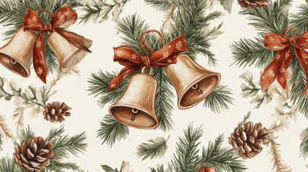 Christmas bells, bows, and pine cones in a seamless pattern with garlands, evoking the cheerful sounds of the holiday seasonの素材