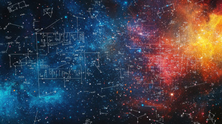 Cosmic equations float against a stunning galaxy backdrop, where mathematical symbols and formulas intertwine with stars, embodying the essence of science and education.の素材