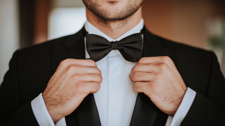 Closeup of a man wearing a black tuxedo and bow tie, focus on refined style, dynamic composition, gala backdrop blending seamlesslyの素材