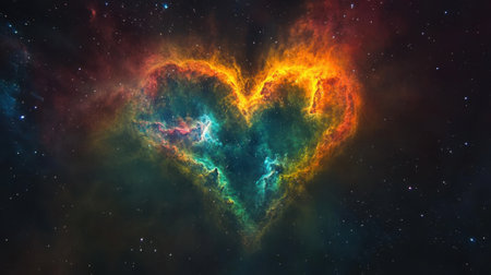 Rainbow-hued heart nebula glowing brightly in outer space, its vivid colors contrasting with the dark expanse of the universe.の素材