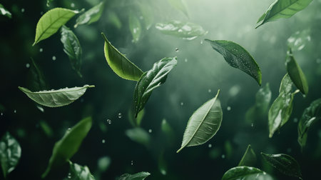 Green tea garden with tea leaves gently floating, creating a calming, natural atmosphere for wellness, eco-friendly designs, or tea-related branding.の素材