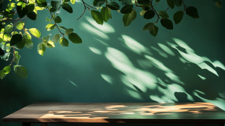 Wooden table in front of a green wall with sunlight streaming through a window, casting leaf shadows, and blurred plants in the foreground. A natural, calm space.の素材