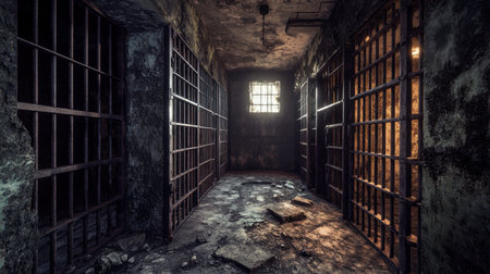 A lonely jail cell with thick iron bars, dim lighting, and lifeless, crumbling walls. A dark and deserted prison interior.の素材