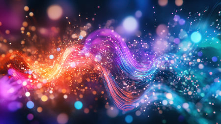 Brightly colored electric cables, LEDs, and optical fibers intertwined, creating a high-tech backdrop for futuristic business trendsの素材