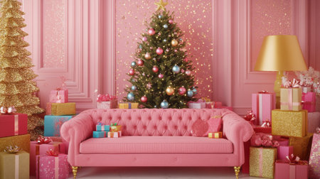 A charming setting with a pink sofa surrounded by colorful gifts and a lovely Christmas tree, enhanced by sparkling glitter on the pink wall for a festive touch.の素材