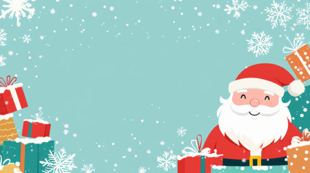 A cute Christmas-themed illustration of a smiling Santa Claus surrounded by cheerful snowflakes and presents, providing plenty of copy space for personalized holiday greetings.の素材