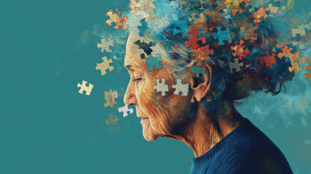 A powerful illustration of the concept of dementia, using puzzle pieces to symbolize cognitive decline, fostering awareness and understanding of mental health challenges.の素材