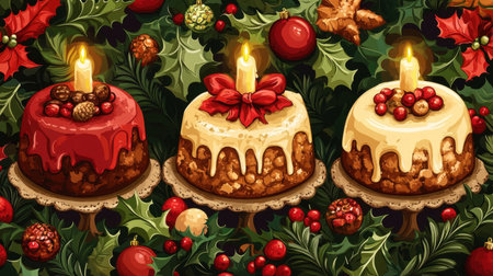 Christmas pudding and fruitcake featured in a seamless pattern on a table set with holly and candles, celebrating the holiday dessertsの素材