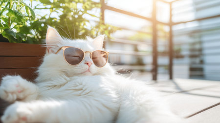 Sunglass-wearing white cat relaxing on a rooftop, focus on its cool and fashionable demeanor, playful and whimsical vibeの素材