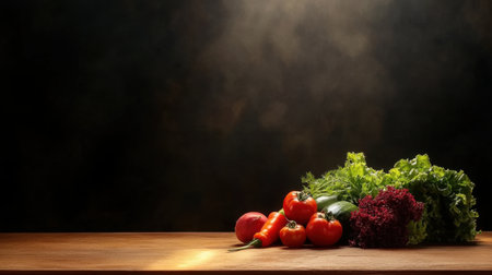 Fresh vegetables in vivid colors on a wooden table, dynamic composition with silhouette effect, perfect for copy spaceの素材