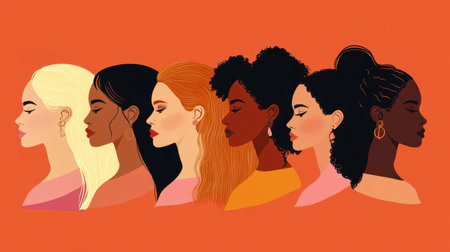 Flat illustration showing a group of diverse women, representing various skin tones and ethnicities, focus on diversity and unityの素材