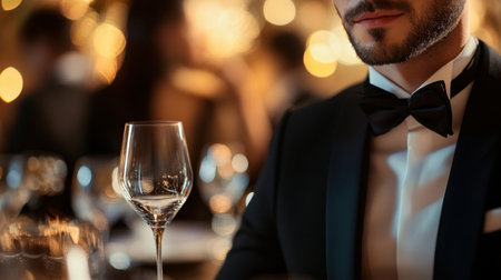 Gala night, closeup of a man in a tuxedo, focus on the elegant details of his black suit, dynamic lighting blending with the event backdropの素材