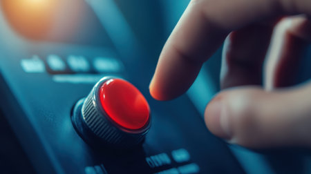 Finger hovers over a red button, focus on the intense moment of decision-making, overlay with dramatic tensionの素材